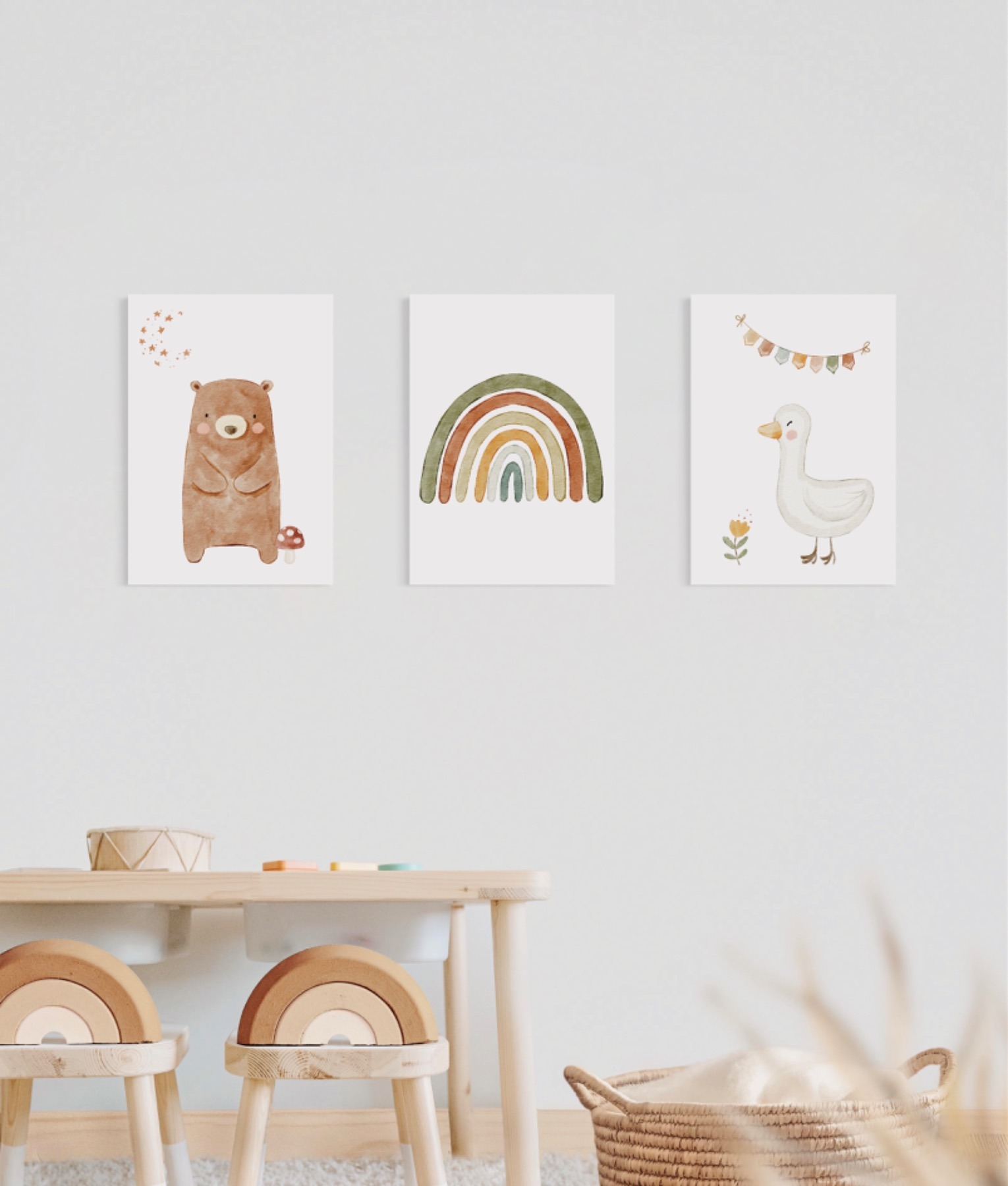 Boho Poster Kinderzimmer, Gans Poster, Kinder Poster Bär und Regenbogen