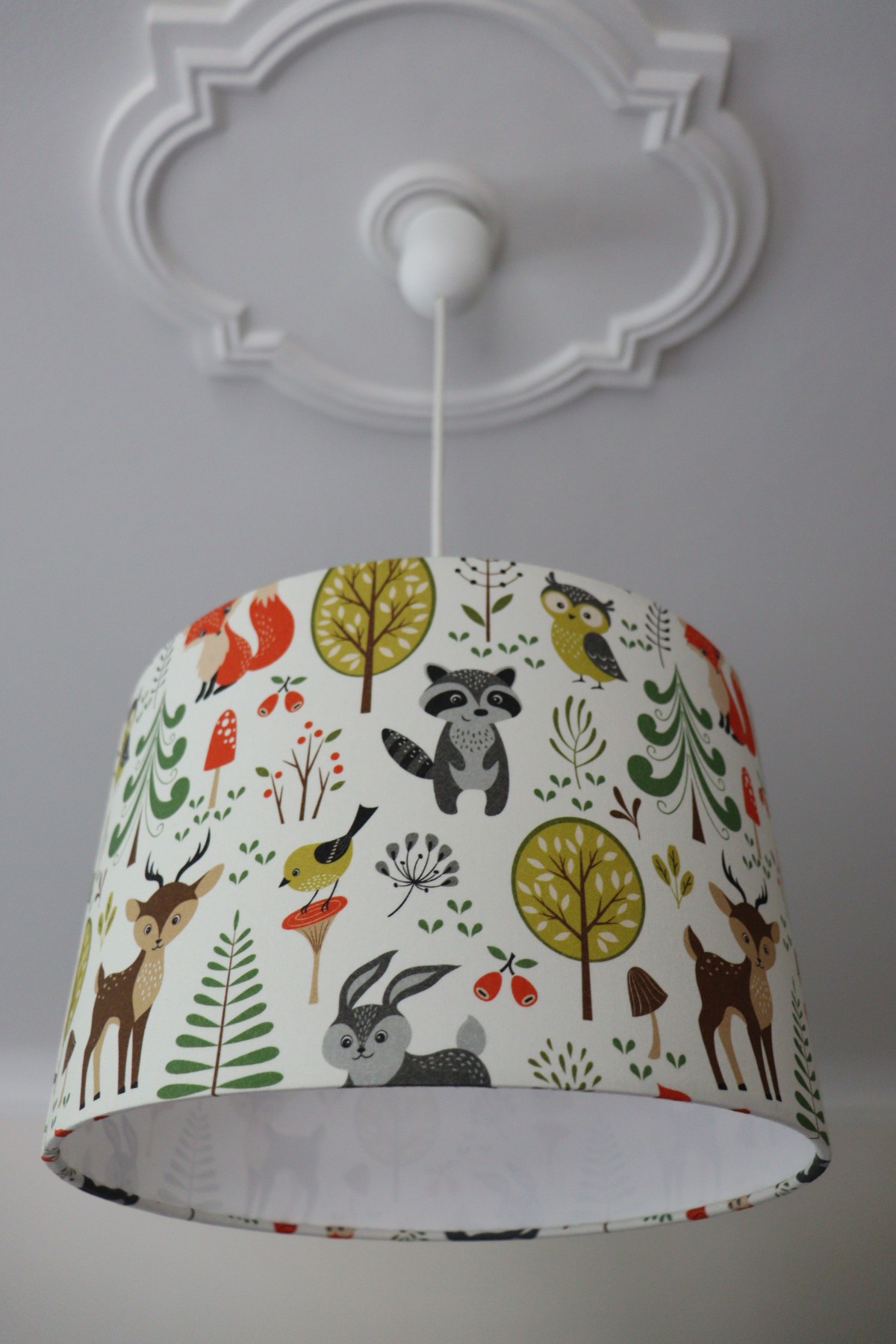 Lampenschirm Kinderzimmer mit Waldtieren Waschbär Hase Vogel Fuchs und Reh 4