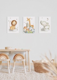 Poster Kinderzimmer Safaritiere, Elefant Löwe Giraffe, Safari Kinderzimmer Poster Kinderposter