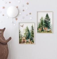 Kinderzimmer Poster Wald mit Fuchs, Reh, Rehkitz und Bär