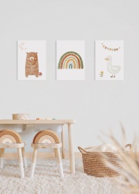 Boho Poster Kinderzimmer, Gans Poster, Kinder Poster Bär und Regenbogen 3