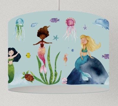 Lampenschirm Meerjungfrauen, viele Farben, Lampenschirm Kinderzimmer Delfin, Fische und Quallen