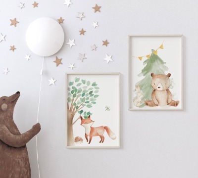Poster Kinderzimmer Waldtiere Fuchs und Bär
