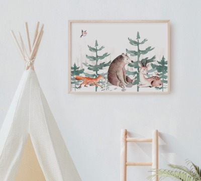 Poster Kinderzimmer Waldtiere Bär, Reh und Fuchs, Wolf
