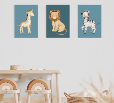 Poster Kinderzimmer Safaritiere, Zebra Löwe Giraffe, Safari Kinderzimmer Poster Kinderposter