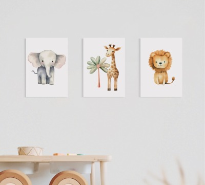 Poster Kinderzimmer Safaritiere, Elefant Löwe Giraffe, Safari Kinderzimmer Poster Kinderposter