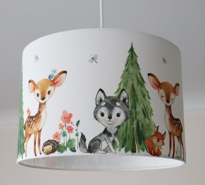 Lampenschirm Waldtiere, Kinderlampe mit Rehen, Igeln, Eichhörnchen und Wolf