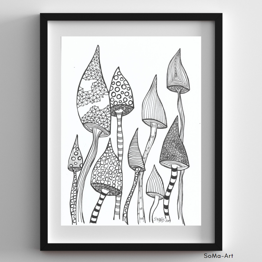 Elegante handgezeichnete Crazy Flowers, mit Fineliner auf Künstlerpapier, ungerahmtes Schwarz-Weiss