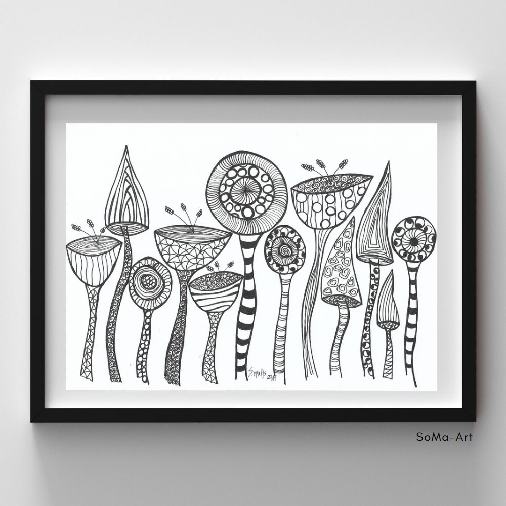 Elegante handgezeichnete Crazy Flowers, mit Fineliner auf Künstlerpapier, ungerahmtes Schwarz-Weiss