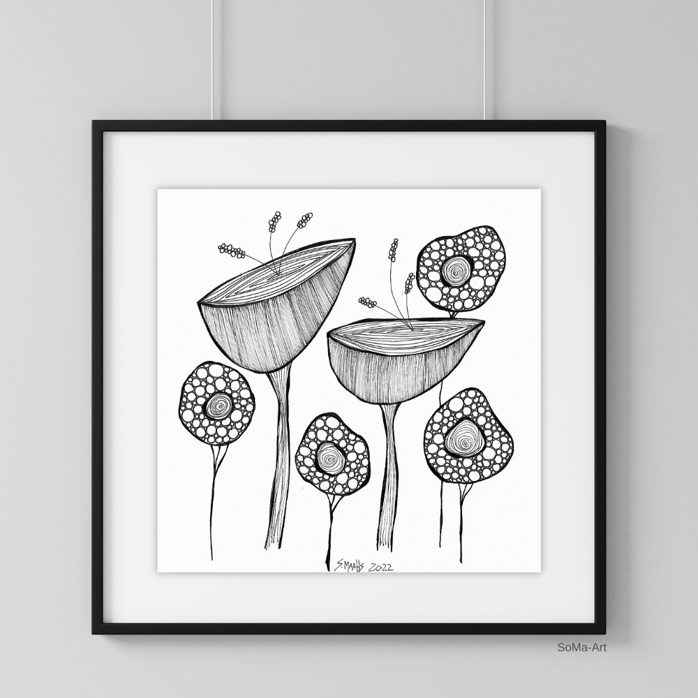 Handgemalte Tuschezeichnungen der beliebten Crazy Flowers , ungerahmtes Wandbild, Illustration,