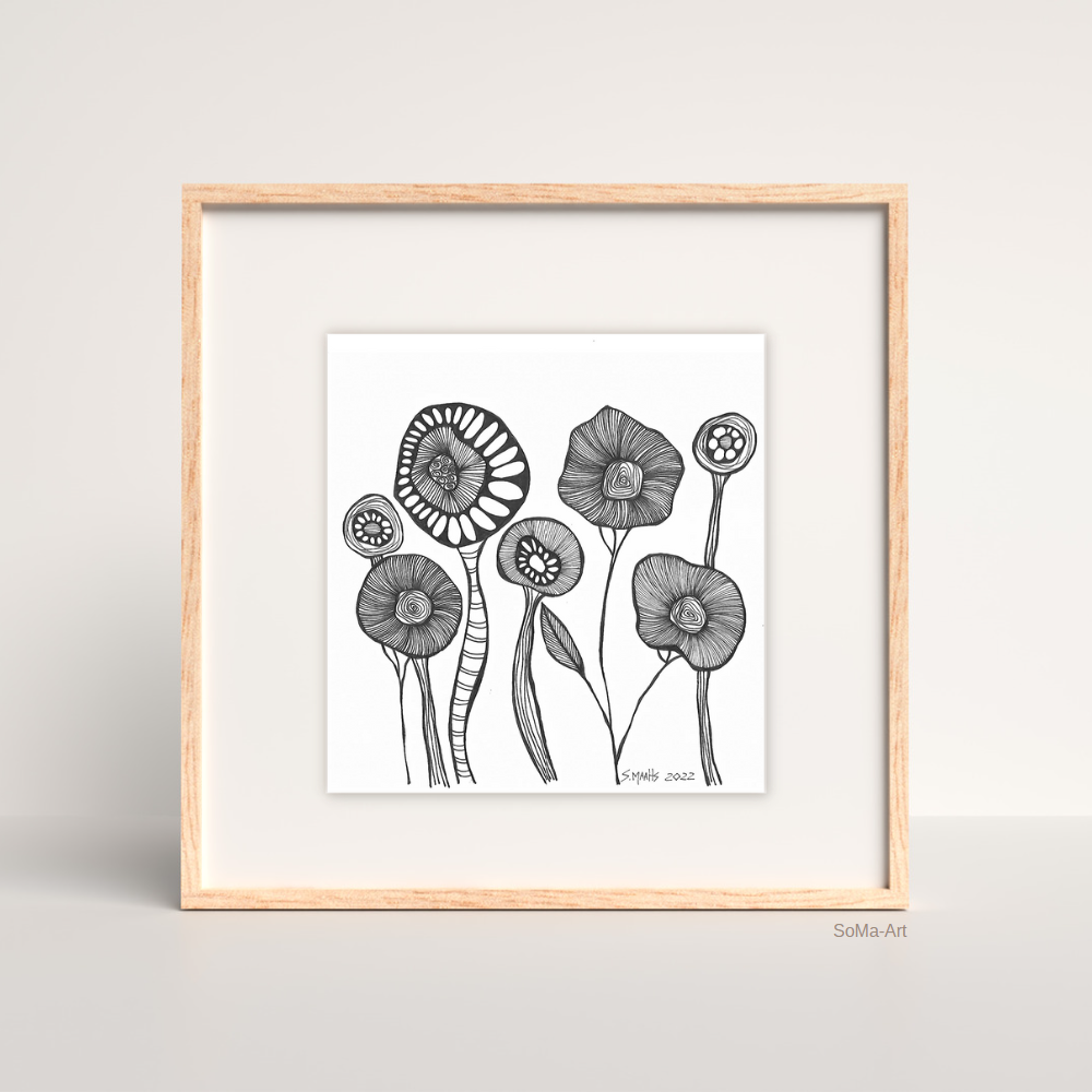 Original Crazy Flowers, blumiges Design mit Tusche und Feder, Wandbilder, Kunst, Illustration,