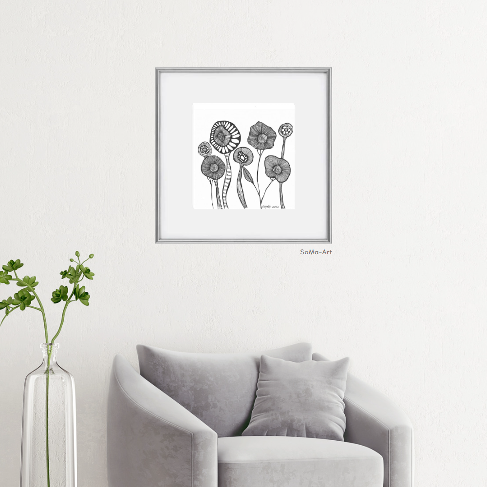 Original Crazy Flowers, blumiges Design mit Tusche und Feder, Wandbilder, Kunst, Illustration,