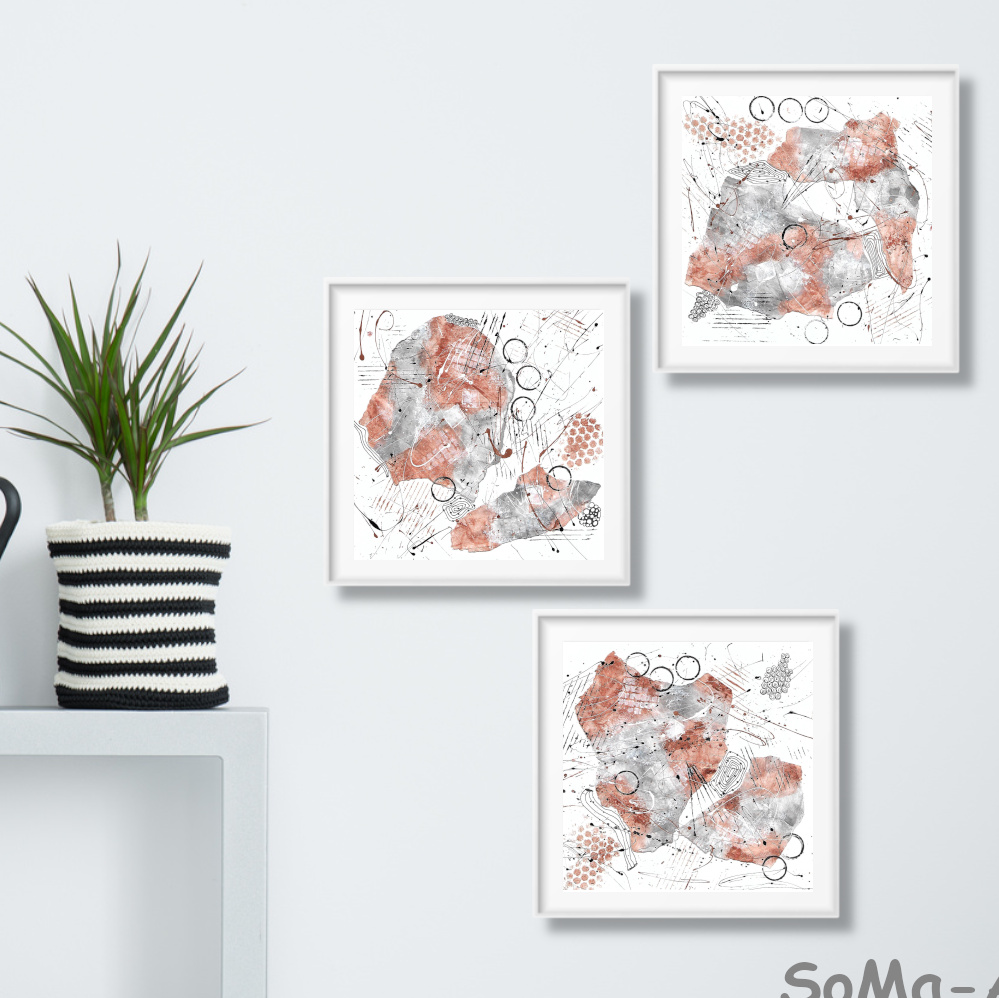 Mini Collage *Fantasie 7, ungerahmtes 3er-Set kleine Fineliner, | Online 3x cm Kupfer | Shop SoMa-Art Malerei - 20 20cm x Kunstvolle und in
