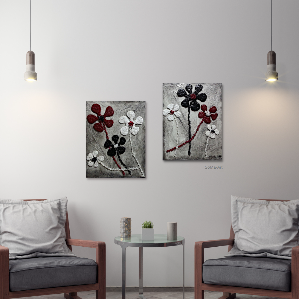 Handgemalte 3D Happy Flowers im Duo, Leinwandbilder, blumiges der anderen Art in edlem Design,