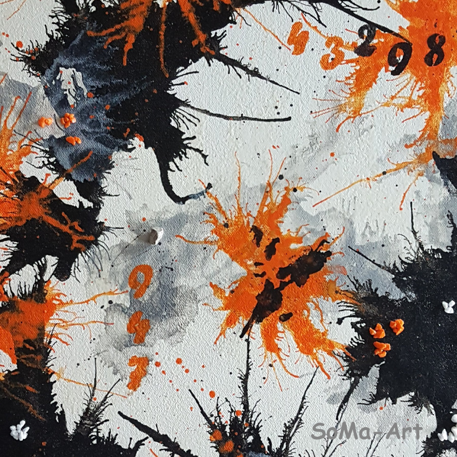 Fantasievolles Acrylbild, mit Farbklecksen in Schwarz und Orange auf Leinwand. abstrakt, modern,