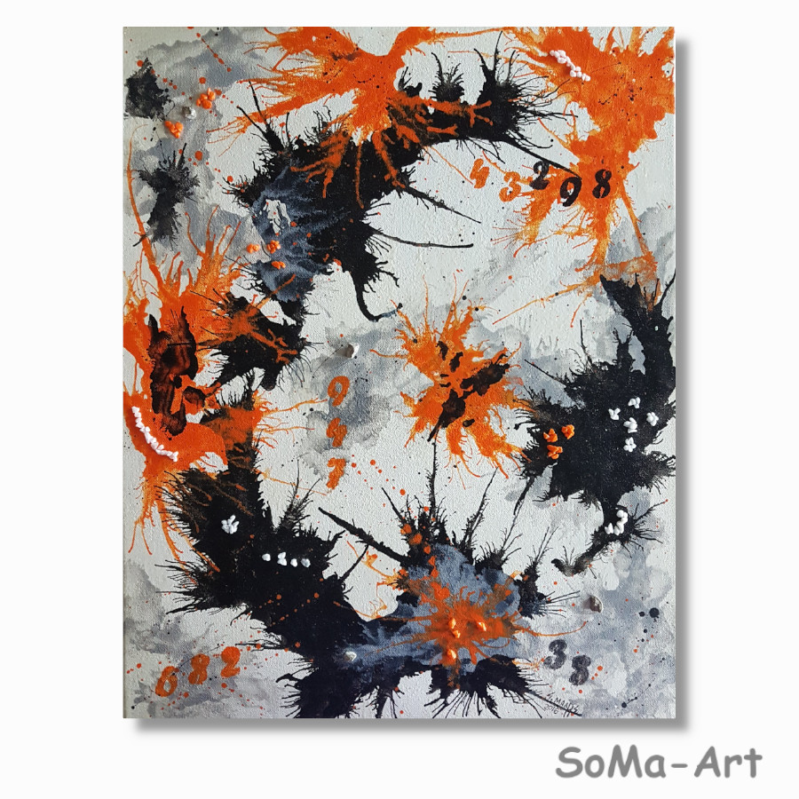 Fantasievolles Acrylbild, mit Farbklecksen in Schwarz und Orange auf Leinwand. abstrakt, modern,