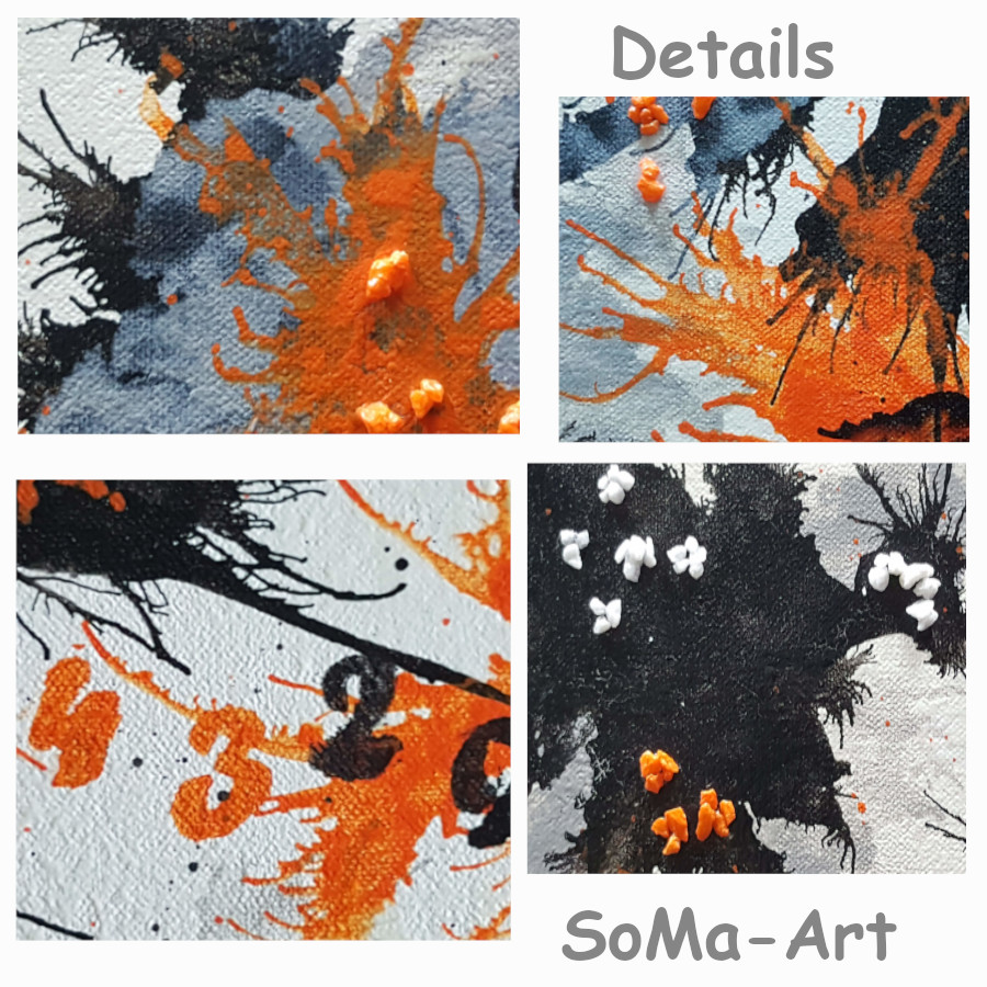 Fantasievolles Acrylbild, mit Farbklecksen in Schwarz und Orange auf Leinwand. abstrakt, modern,