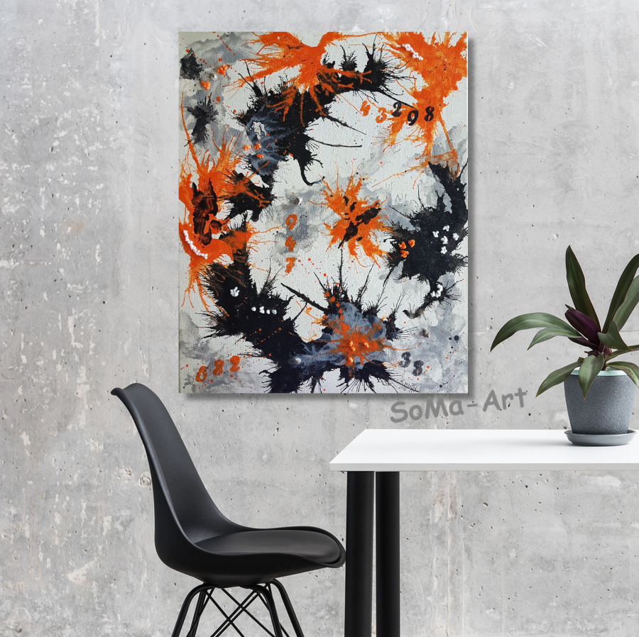 Fantasievolles Acrylbild, mit Farbklecksen in Schwarz und Orange auf Leinwand. abstrakt, modern,