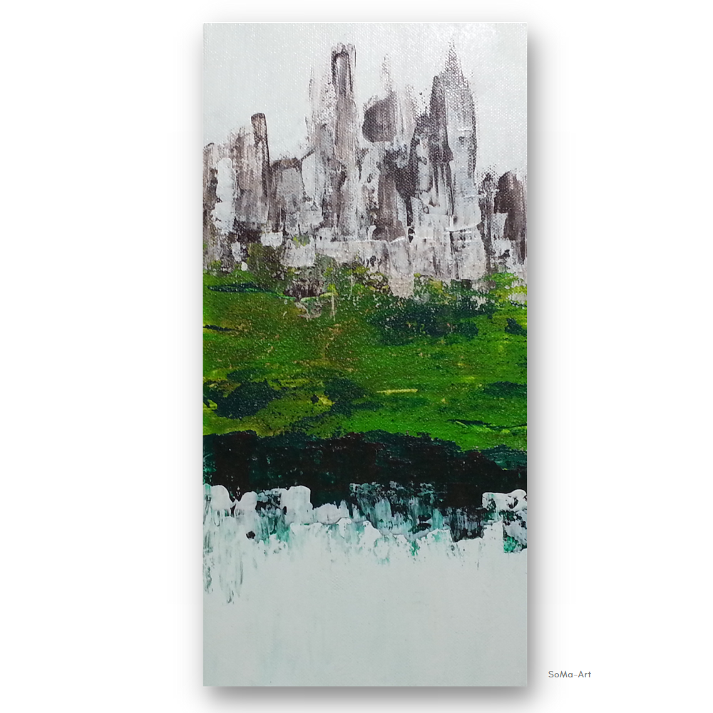 Original mehrteilige Acrylbilder mit viel Struktur, abstrakte Landschaft in  Grün, Braun, Weiss. Wandbilder - 3x 20cm x 40cm | Online Shop | SoMa-Art