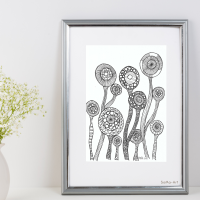 Original Crazy Flowers, Zeichnungen mit Fineliner , blumiges Design im Mustermix auf Papier,