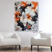 Fantasievolles Acrylbild, mit Farbklecksen in Schwarz und Orange auf Leinwand. abstrakt, modern,