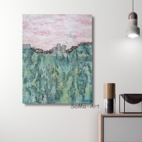 Acrylmalerei auf MDF Platte, abstrakte Landschaft mit Dekorationin Grün und Rose, Wanddekoration,