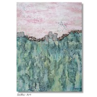 Acrylmalerei auf MDF Platte, abstrakte Landschaft mit Dekorationin Grün und Rose, Wanddekoration,