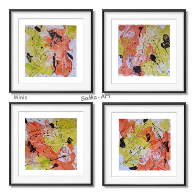 Abstrake Malerei auf Künstlerpapier, Serie Moments, leuchtendes Orange und Maigrün, Kleine