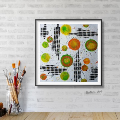Farbmix auf Acrylpapier, bunte Bilder auf Malpapier, ungerahmt, kleine Wandkunst, Orange, Grün,