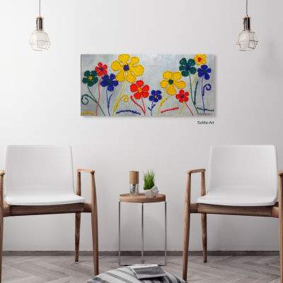 Acrylbild mit Dekosteinchen auf Leinwand, fröhliche Blumen in 4 bunten Farben, Wandbild,