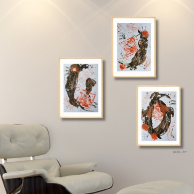 Modernes 3-teiliges Set Acrylbilder aus der Serie Balance, ungerahmt, Orange und Braun,