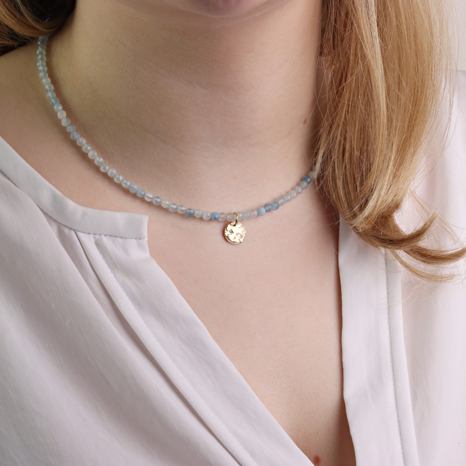 Feine Edelstein-Halskette Damen aus echtem Aquamarin mit Anhänger Plättchen, schönes Geschenk