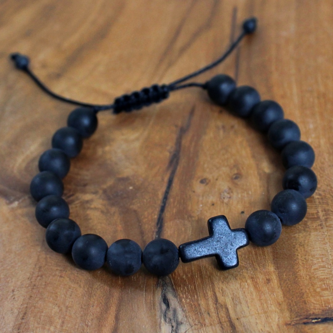 Armband Herren schwarz aus Onyx mit Kreuz perfekte Geschenk zur Konfirmation 2