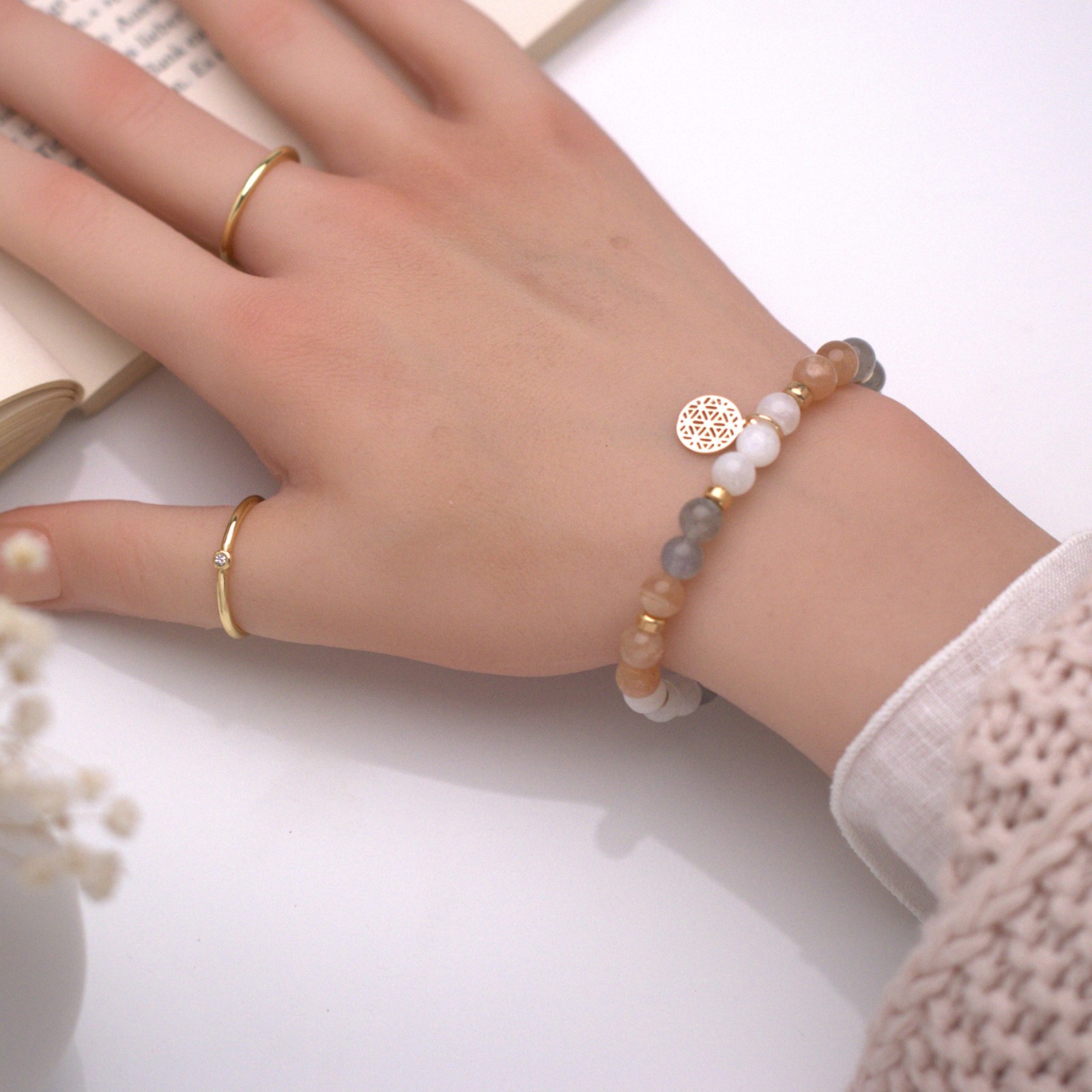 Lebensblume Armband aus Mondstein, 925 Silber, Gold oder Rosègold plattiert, perfektes Geschenk
