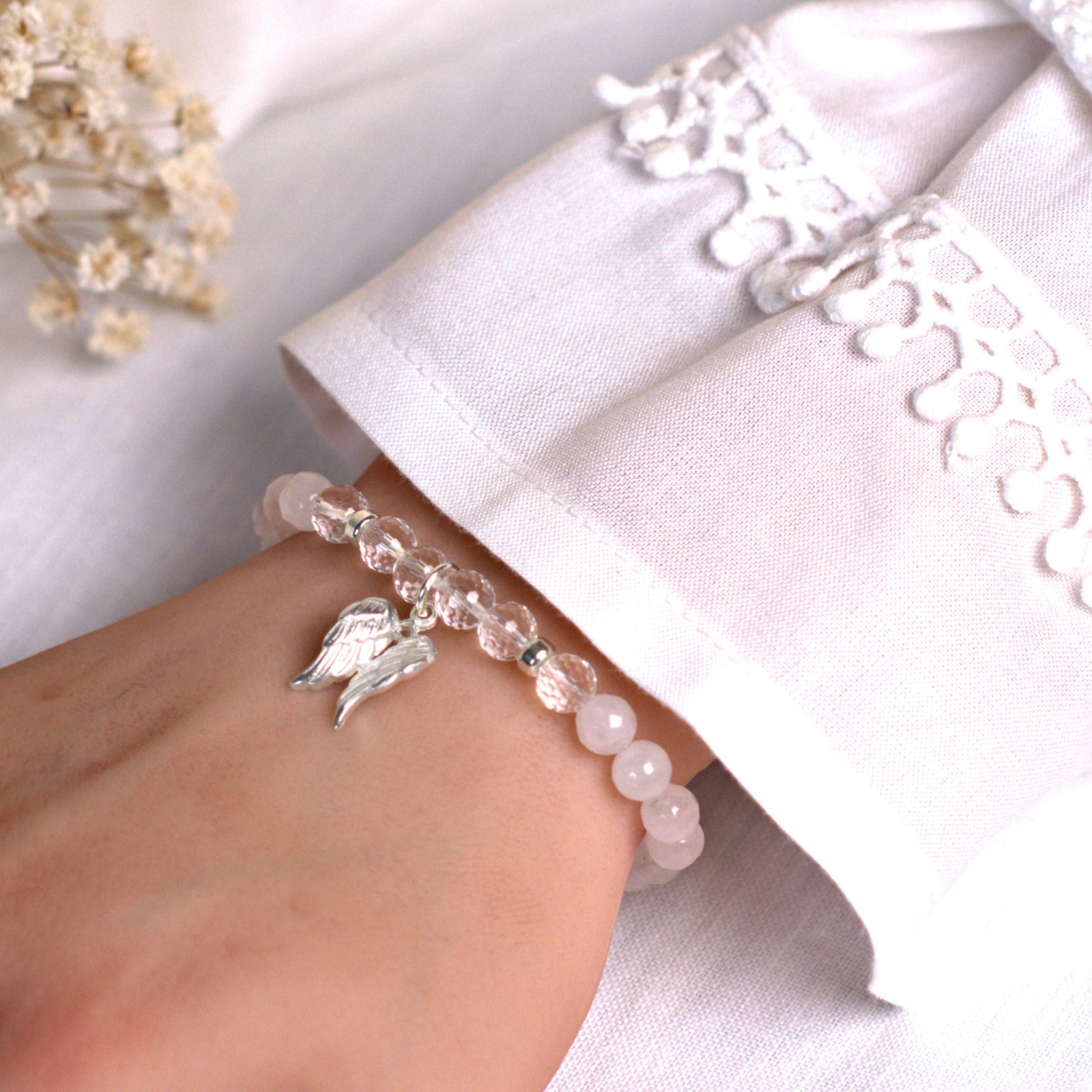 Armband mit Engelsflügel aus Bergkristall und Rosenquarz, 925er Silber, perfektes Geschenk 2