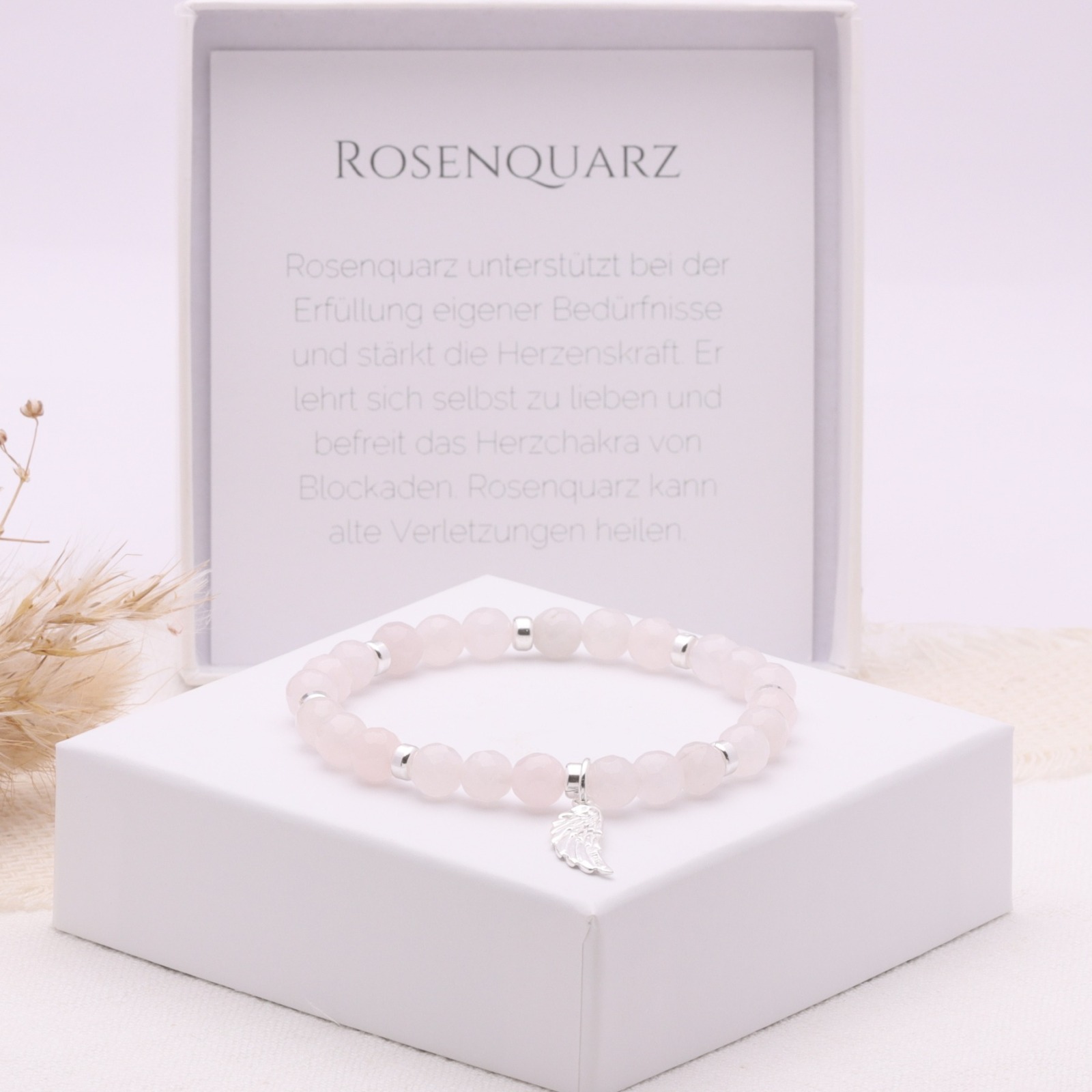 Rosenquarz Armband Frauen mit Engelsflügel, 925er Silber, handmade, perfektes Geschenk zum Geburtst