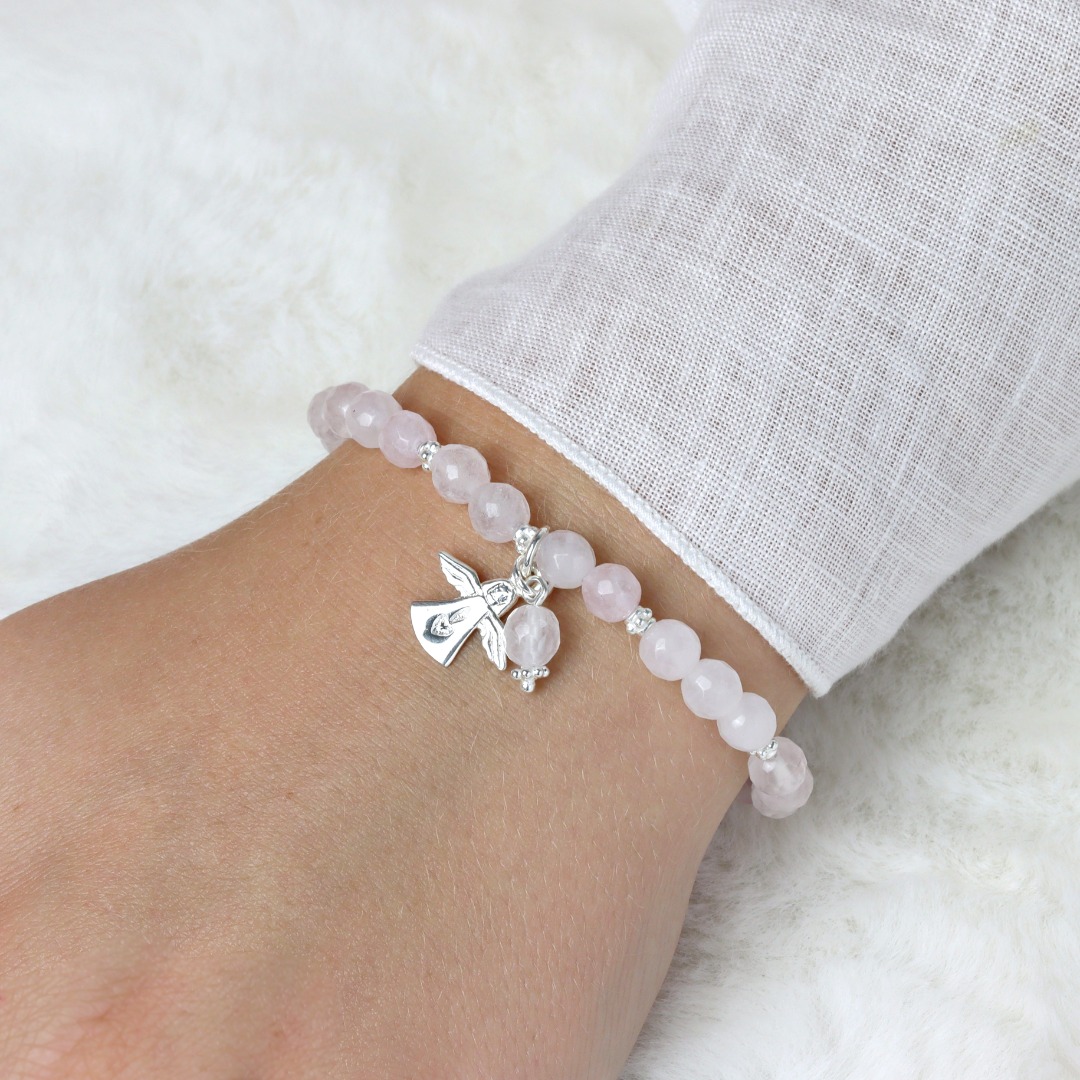 Rosenquarz-Armband Damen mit Schutzengel Silber eismatt perfektes Geschenk für Frauen und Mädchen schönes Geschenk zur Kommunion Naturstein 2