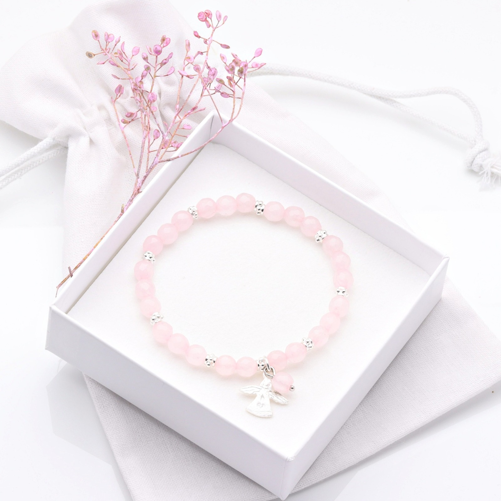 Rosenquarz-Armband Damen mit Schutzengel Silber, perfektes Geschenk für Frauen und Mädchen,