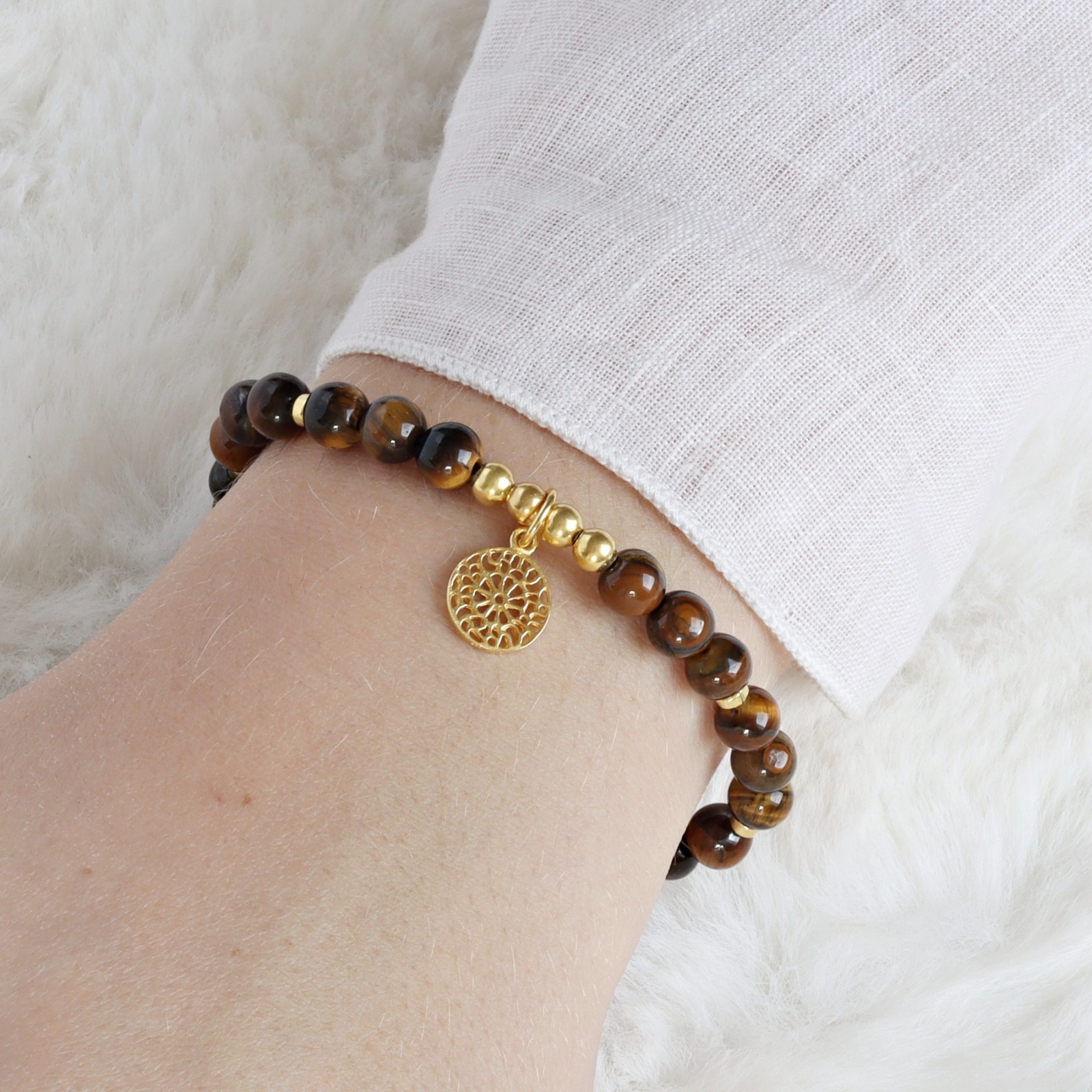 Armband Tigerauge mit Mandala 725er Silber oder vergoldet perfektes Geschenk für Frauen