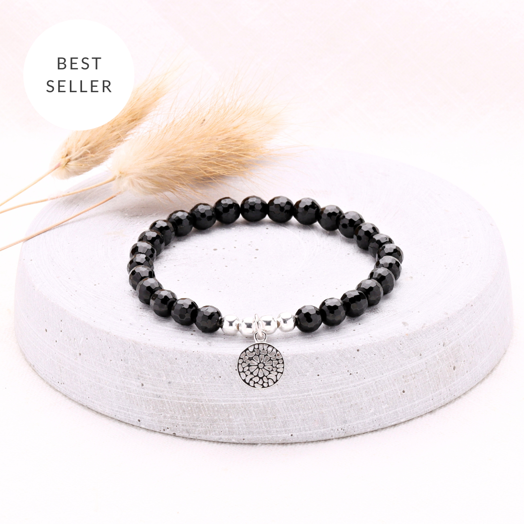 Armband schwarzer Turmalin, Schörl-Armband mit Mandala, 725er Silber, perfektes Geschenk für Fraue