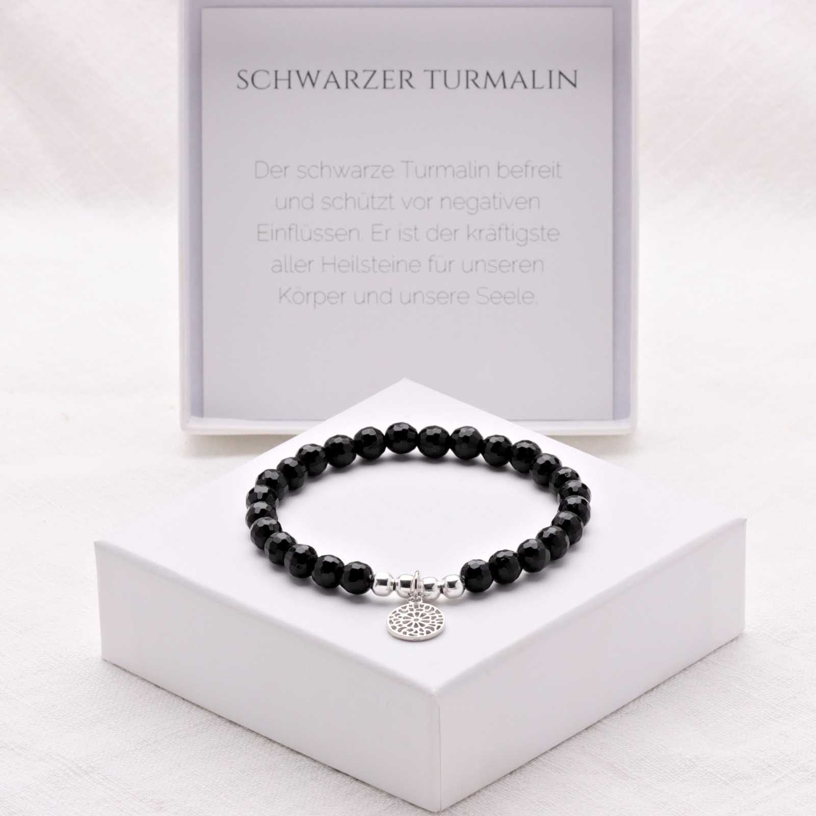 Armband schwarzer Turmalin, Schörl-Armband mit Mandala, 725er Silber, perfektes Geschenk für Fraue