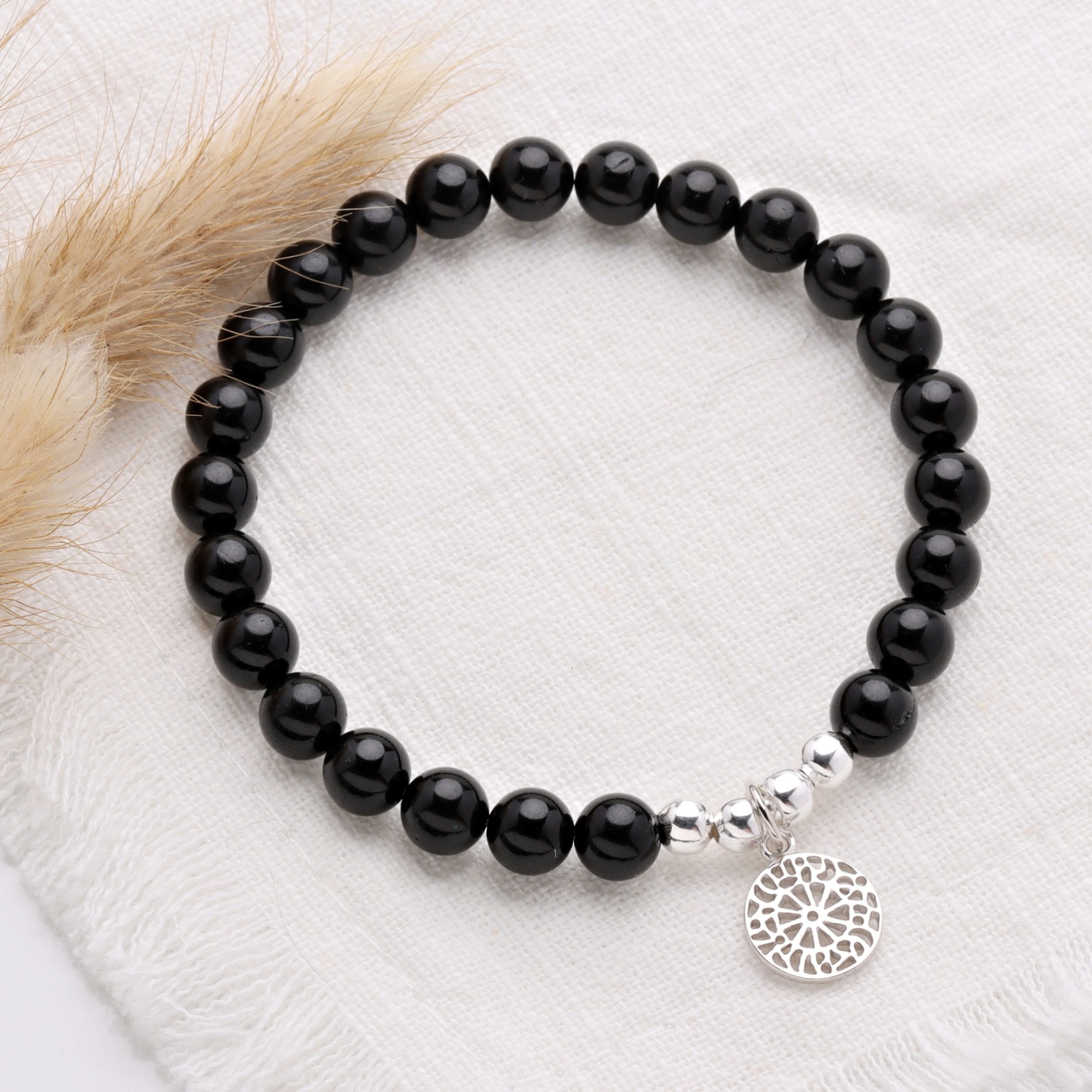 Armband schwarzer Turmalin, Schörl-Armband mit Mandala, 725er Silber, perfektes Geschenk für