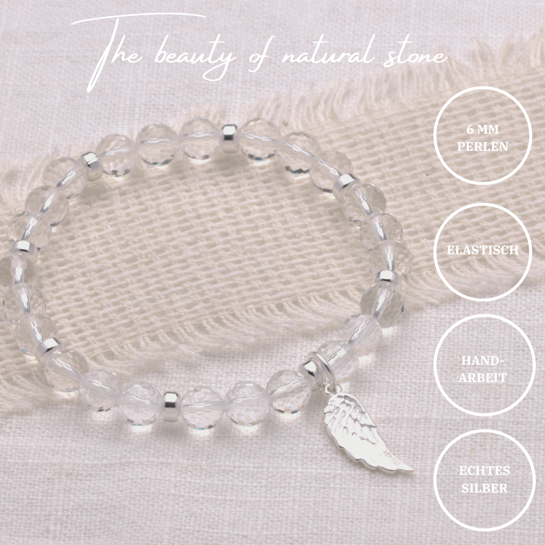 Bergkristall Armband Frauen mit Engelsflügel, 925er Silber, handmade, perfektes Geschenk zum Geburt