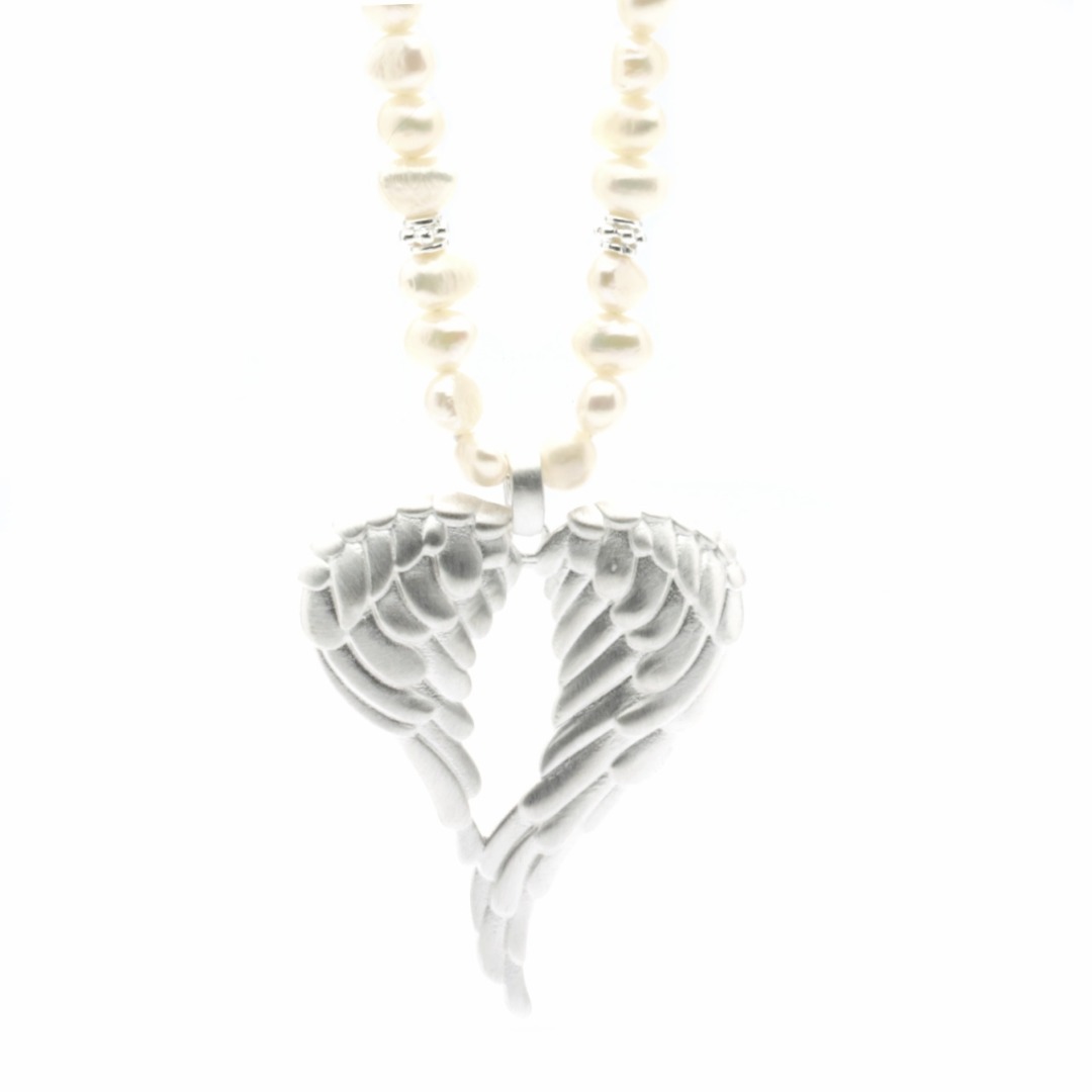 Lange Perlen-Kette mit einem Engelsflügel aus 725er Silber individualisierbar schönes Geschenk 5