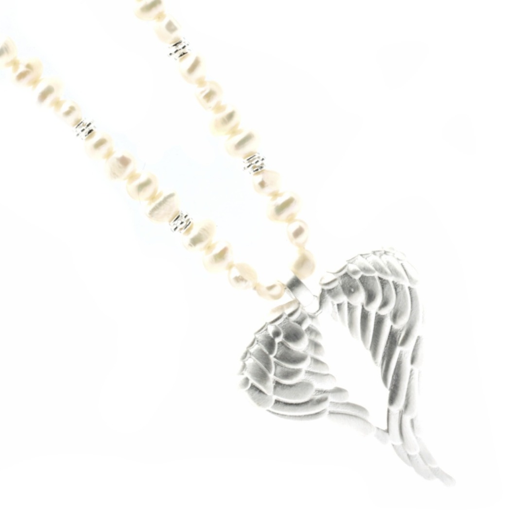 Lange Perlen-Kette mit einem Engelsflügel aus 725er Silber individualisierbar schönes Geschenk 4