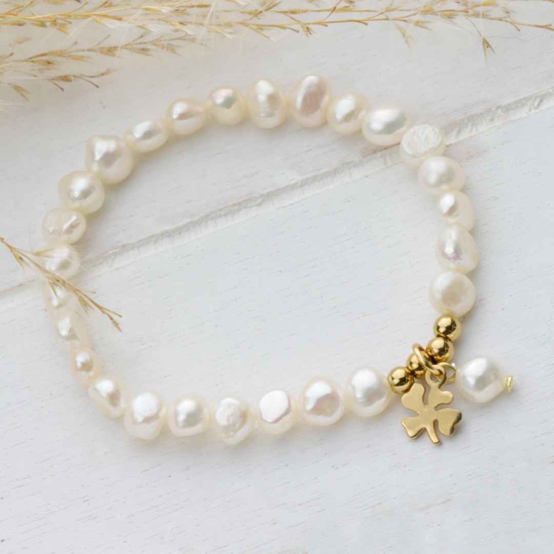 Glücks-Armband Damen aus echten Perlen mit Kleeblatt Glücksbringer-Geschenk für Frauen und Mädch