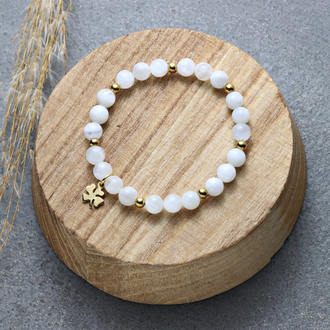 Glücksarmband Damen aus echtem weißen Mondstein mit Kleeblatt Glücksbringer-Geschenk für Frauen und Mädchen 3