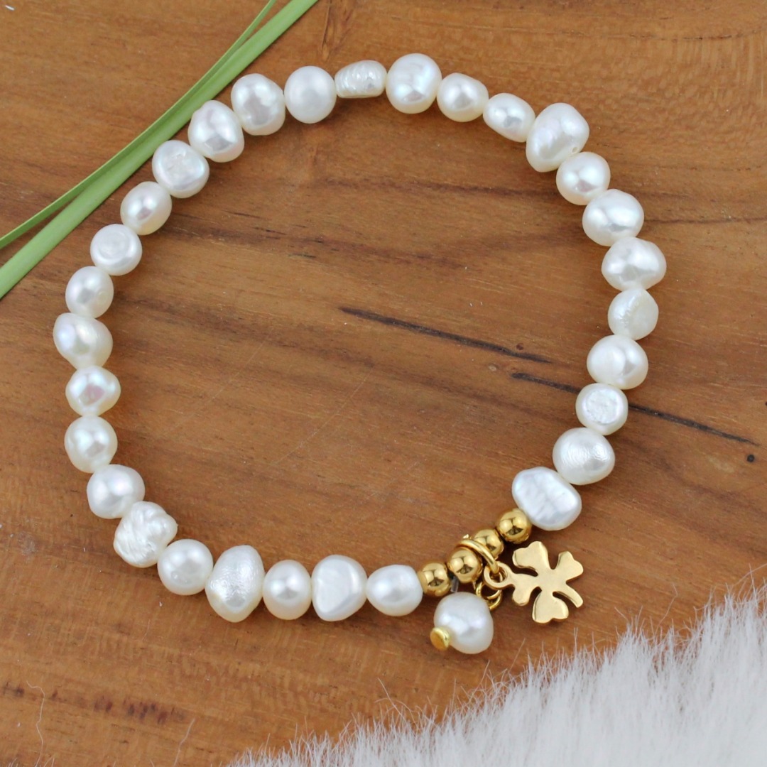 Glücks-Armband Damen aus echten Perlen mit Kleeblatt Glücksbringer-Geschenk für Frauen und Mädchen 4