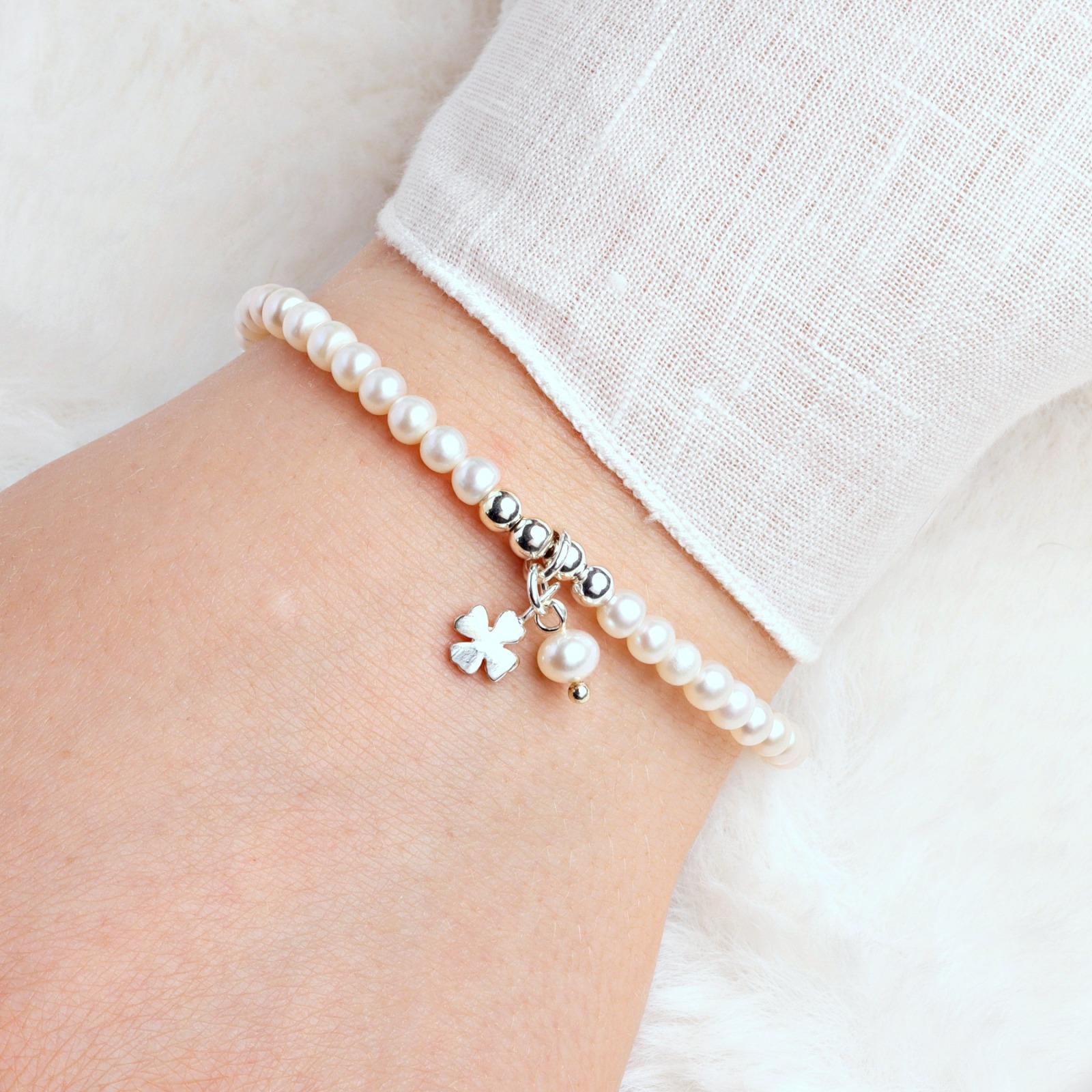 Glücks-Armband aus echten Perlen mit Kleeblatt Silber Glücksbringer-Geschenk für Frauen und Mädchen 2