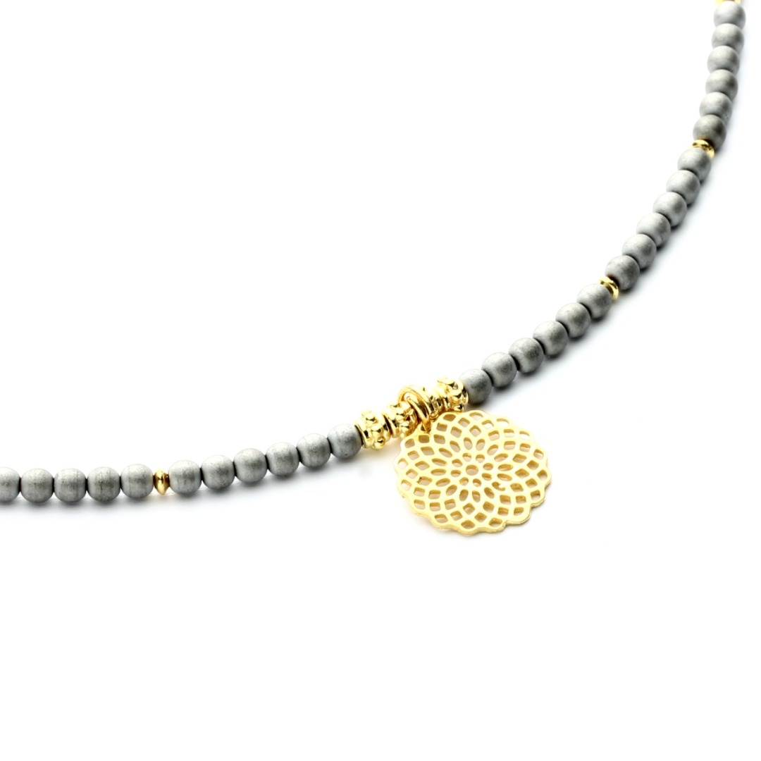 Filigrane Halskette für Damen aus Hämatit Anhänger Mandala 925-er Silber oder vergoldet 3